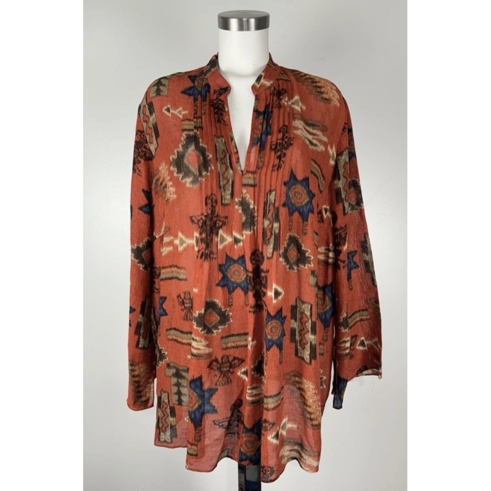 Lauren Ralph Lauren Blouse Women's 2X Silk Linen Southwestern Tribal Print Boho - Picture 1 of 5